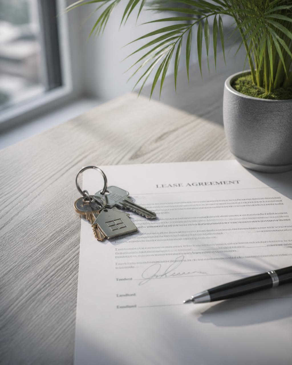 House keys and a signed lease agreement on a desk